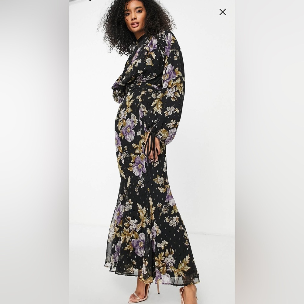 ASOS Black Floral Maxi Dress with Purple & Gold Print